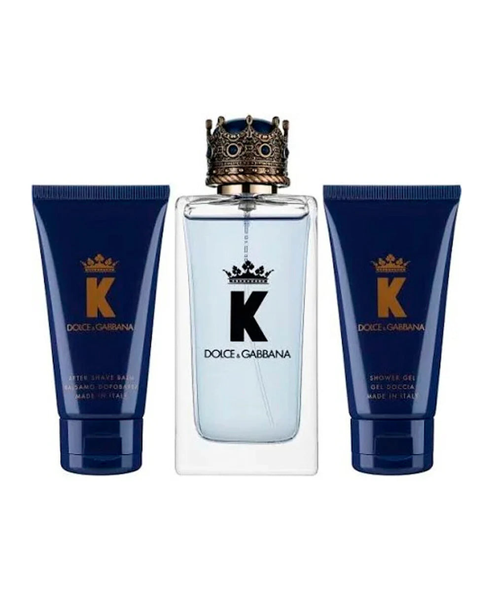 K 3-Piece Gift Set featuring 3.3 oz. Eau de Toilette, 1.7 oz. Aftershave, and 1.7 oz. Shower Gel. Click to open in modal