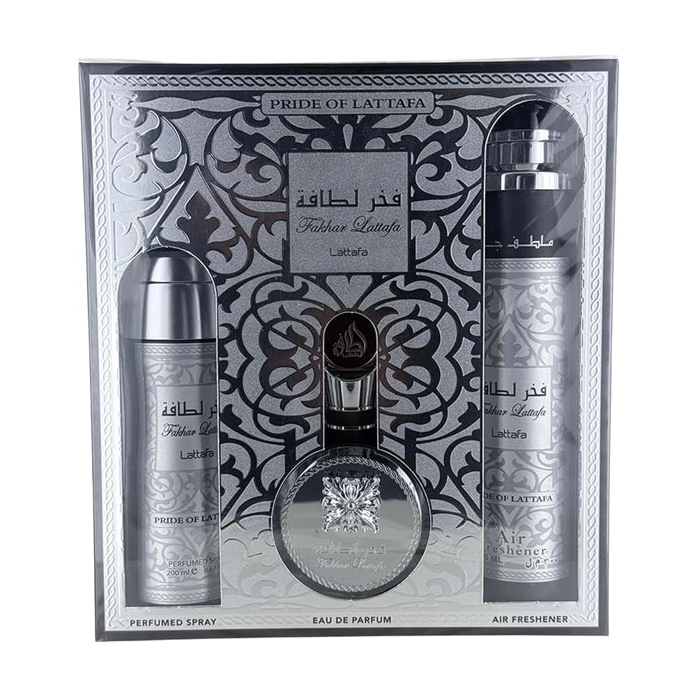 Fakhar 3-Piece Gift Set with 3.4 oz. Eau de Parfum, 6.7 oz Body Spray, and 10.0 Air Freshener Click to open in modal
