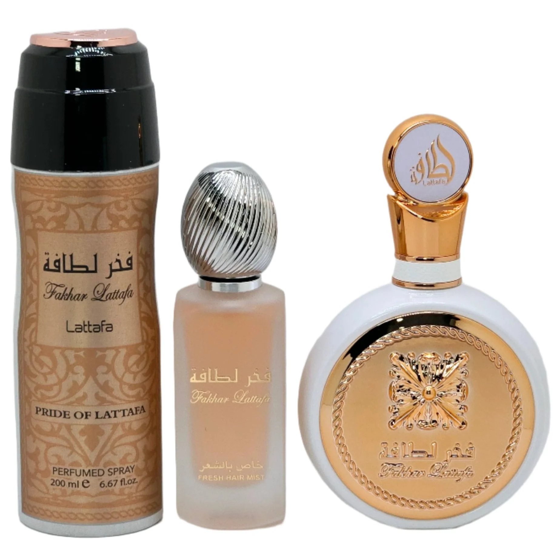 Fakhar Gift Set with Eau de Parfum 3.4 oz. and Deodorant 6.7 oz. and Hair Mist 1.7 oz. Click to open in modal