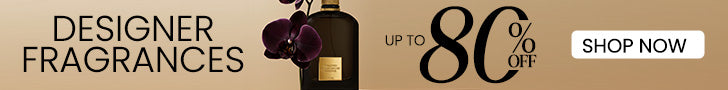 Designer fragrances with a perfume bottle and orchid, featuring up to 80% off and a Shop Now button